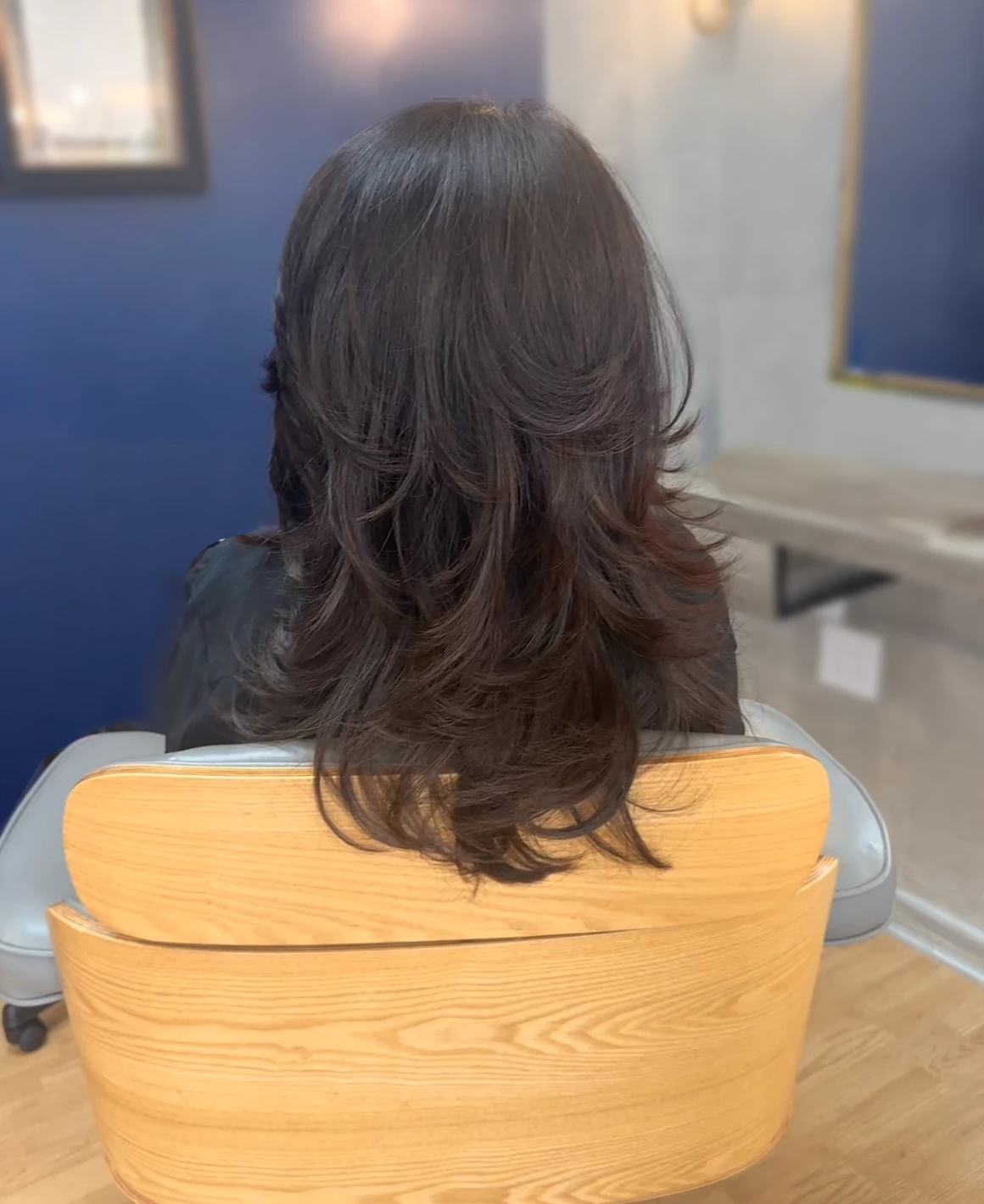 Dark hair after color and a layered haircut, back view